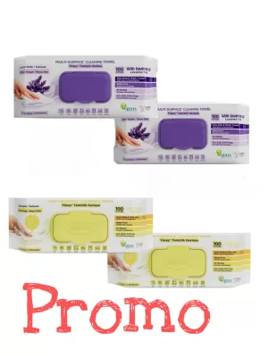 PROMO  3+ 1- SERVETELE CU OTET SI BICARBONAT 100BUC/PACHET ( 2 LAVANDER_MOV + 2 GALBENE)