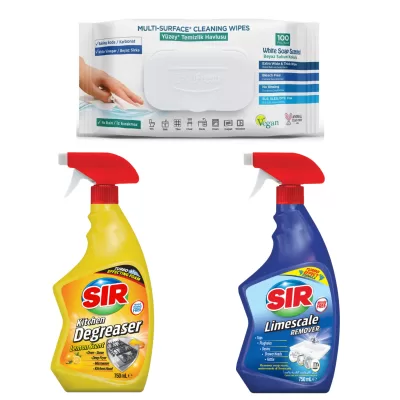 PACHET PROMO 1 DEGRESANT CU LAMAIE 750ml + 1 ANTICALCAR SI RUGINA 750ml + 1 SERVETELE CU OTET SI BICARBONAT ALBASTRU