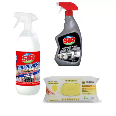 1*SOLUTIE PRO POWER PENTRU PETE MULTISUPRAFETE SI TEXTILE CU SAPUN ALB 1L + 1 SOLUTIE INOX  750 ml+ 1 SERVETEL CU OTET SI BICARBONAT GALBEN 100BUC